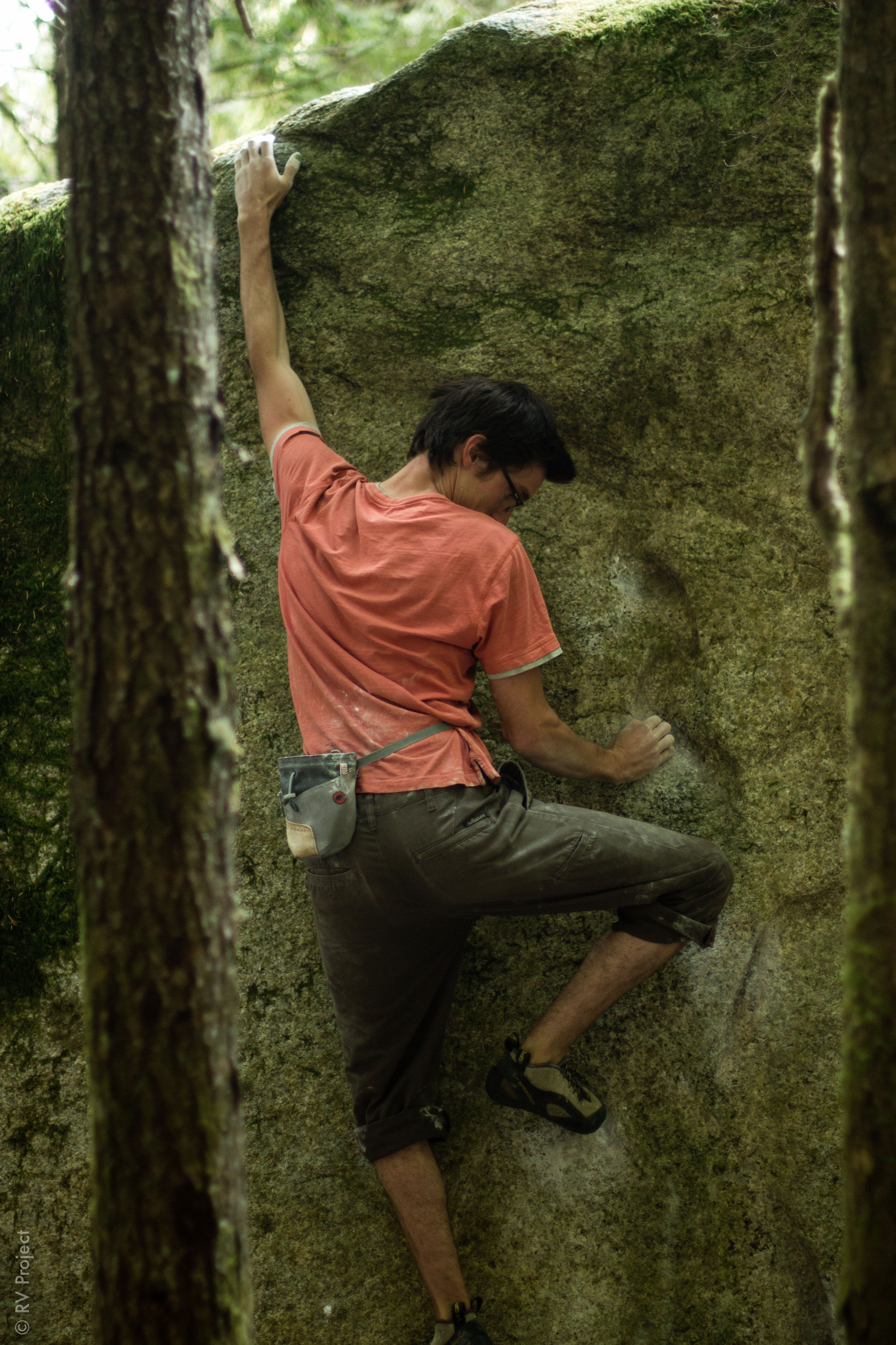 Eric Bissel overcoming the slick, polished holds to send Wormworld (V6).